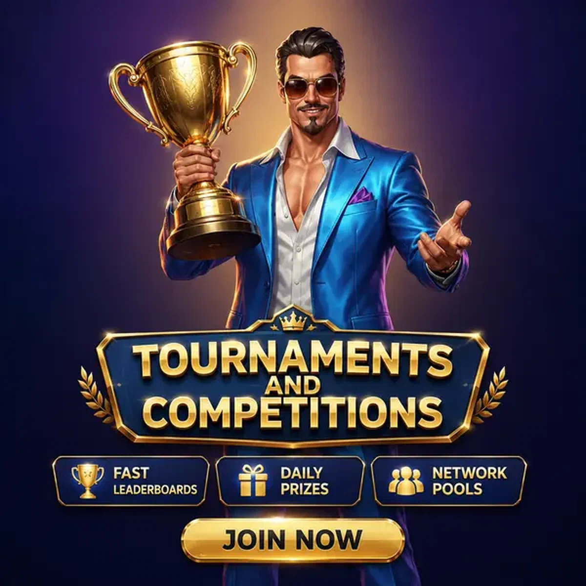 Campeón de torneo sosteniendo trofeo dorado en la arena de competiciones de Coolzino