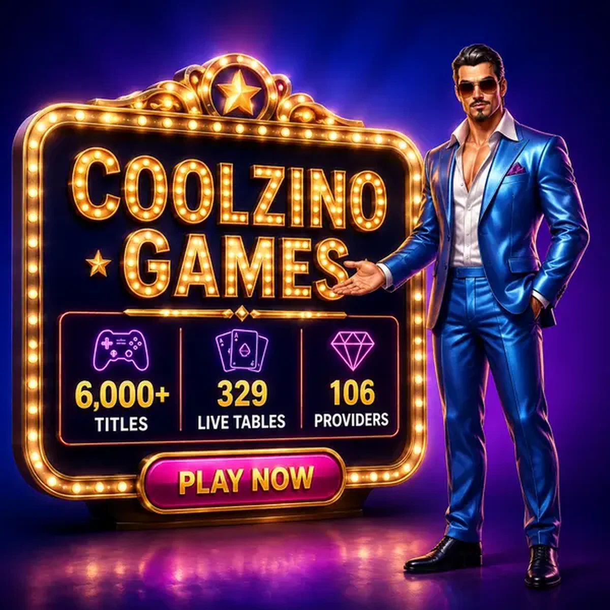 Showman carismático presentando la marquesina de Juegos de Coolzino con más de 6000 títulos de tragaperras brillando