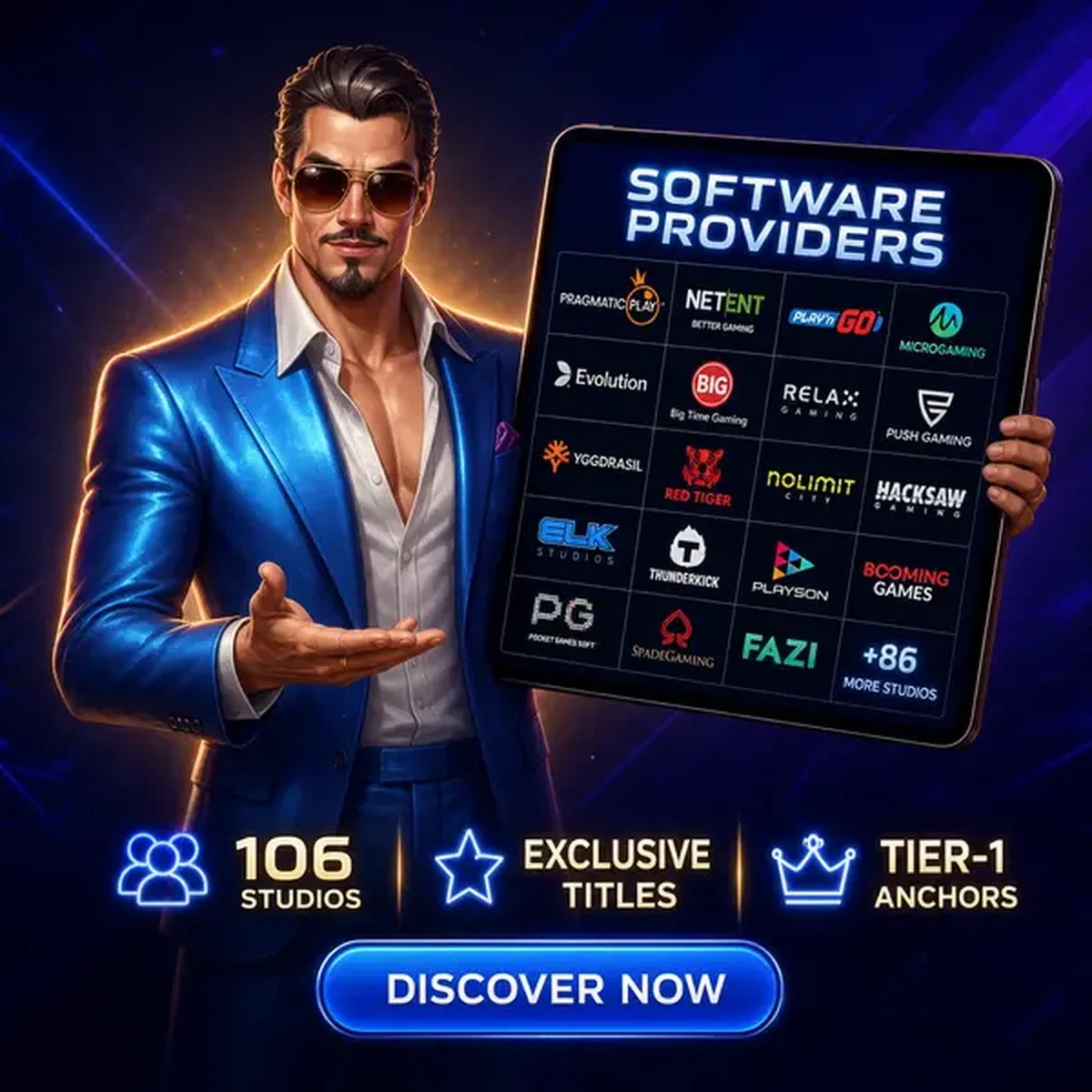 Showman de Coolzino presentando tablet mostrando los principales proveedores de software y estudios de juegos
